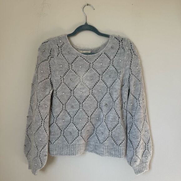 SEZANE NWT Federica Jumper Sweater Pearl Grey Rhinestone Embellished XS - Picture 3 of 7